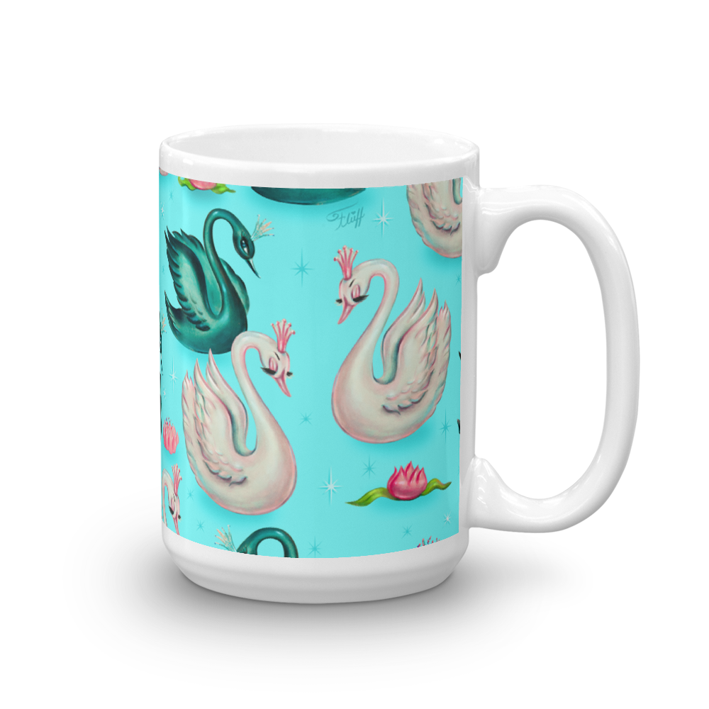 Swans with Tiaras on Aqua • Mug