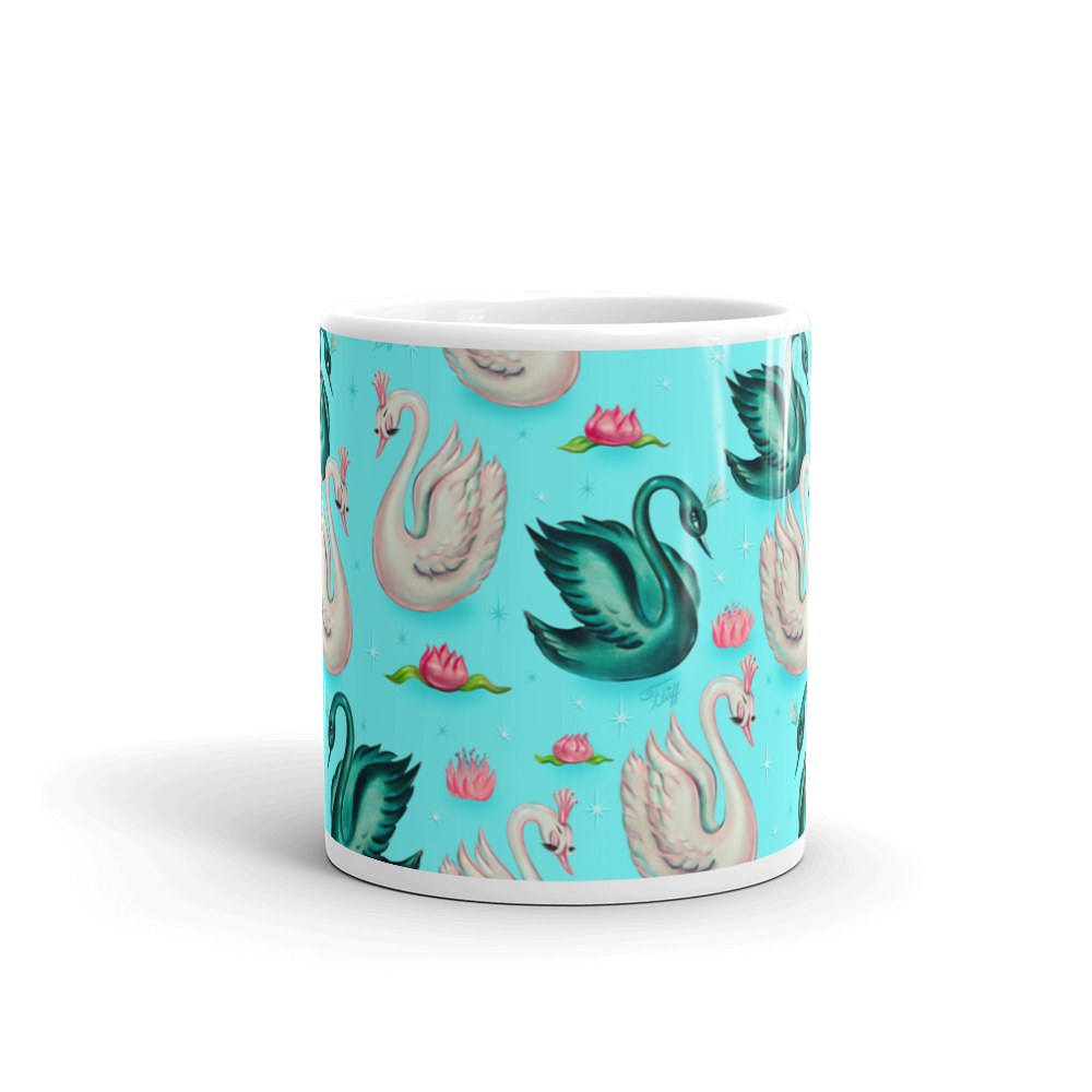 Swans with Tiaras on Aqua • Mug