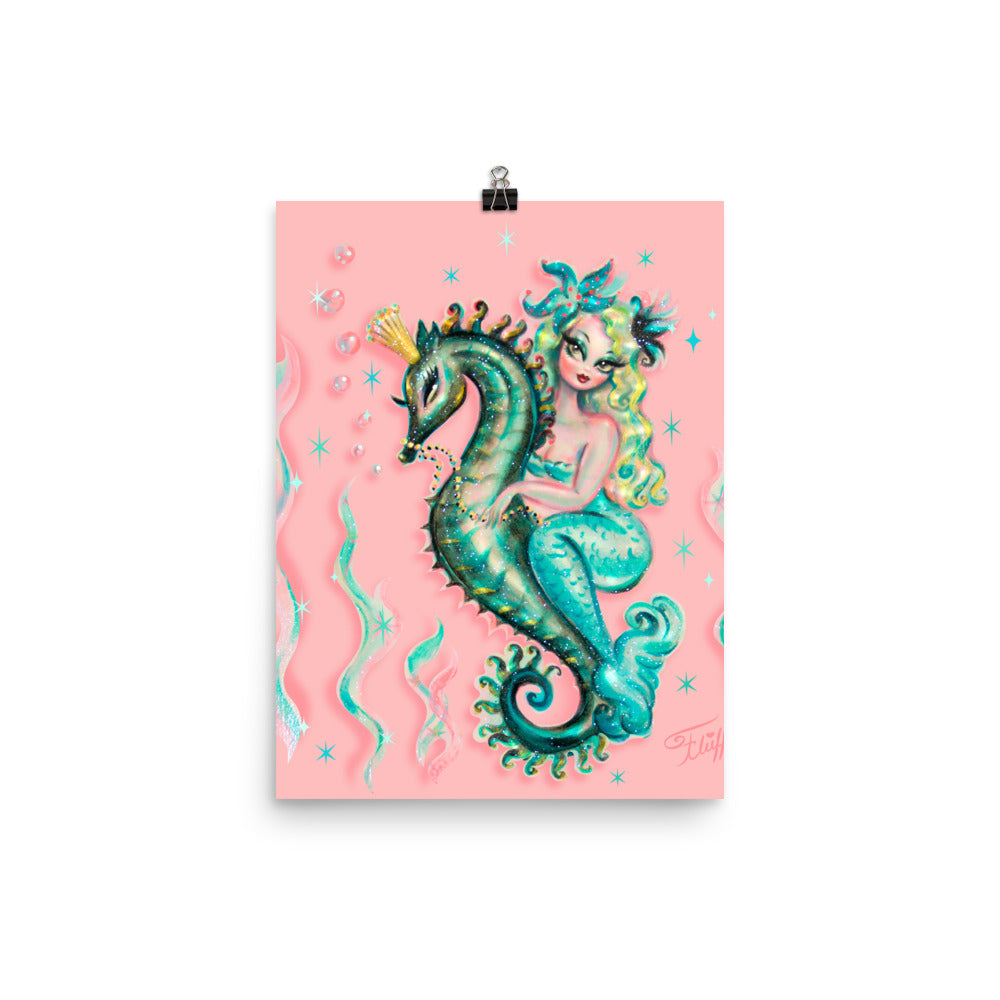 Blue Mermaid Riding a Seahorse Prince • Art Print