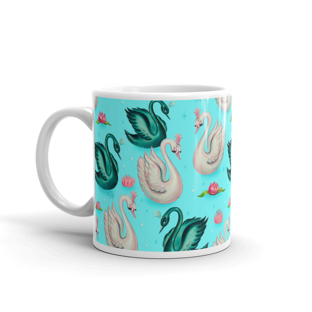 Swans with Tiaras on Aqua • Mug