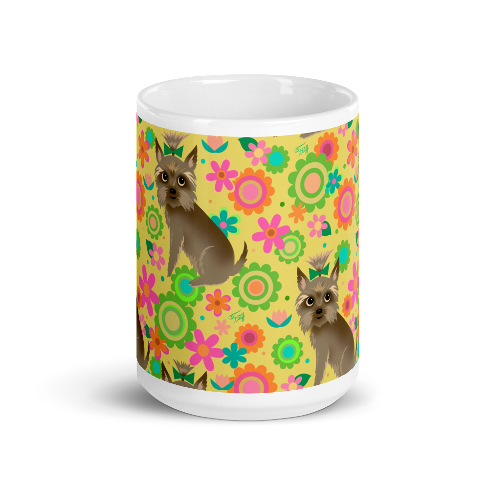 Yorkie with Mod Flowers • Mug 15 oz