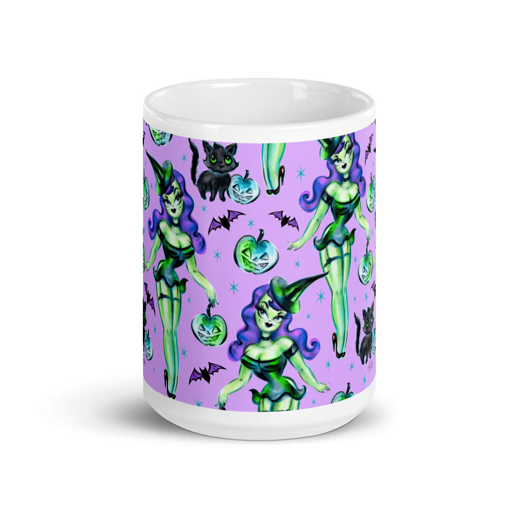 Cute Pinup Witch on Purple • Mug 15 oz