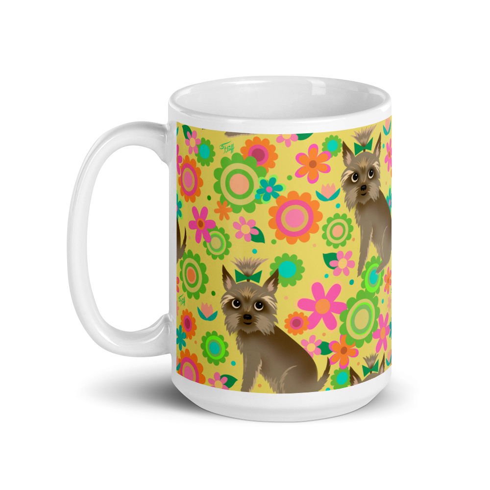 Yorkie with Mod Flowers • Mug 15 oz