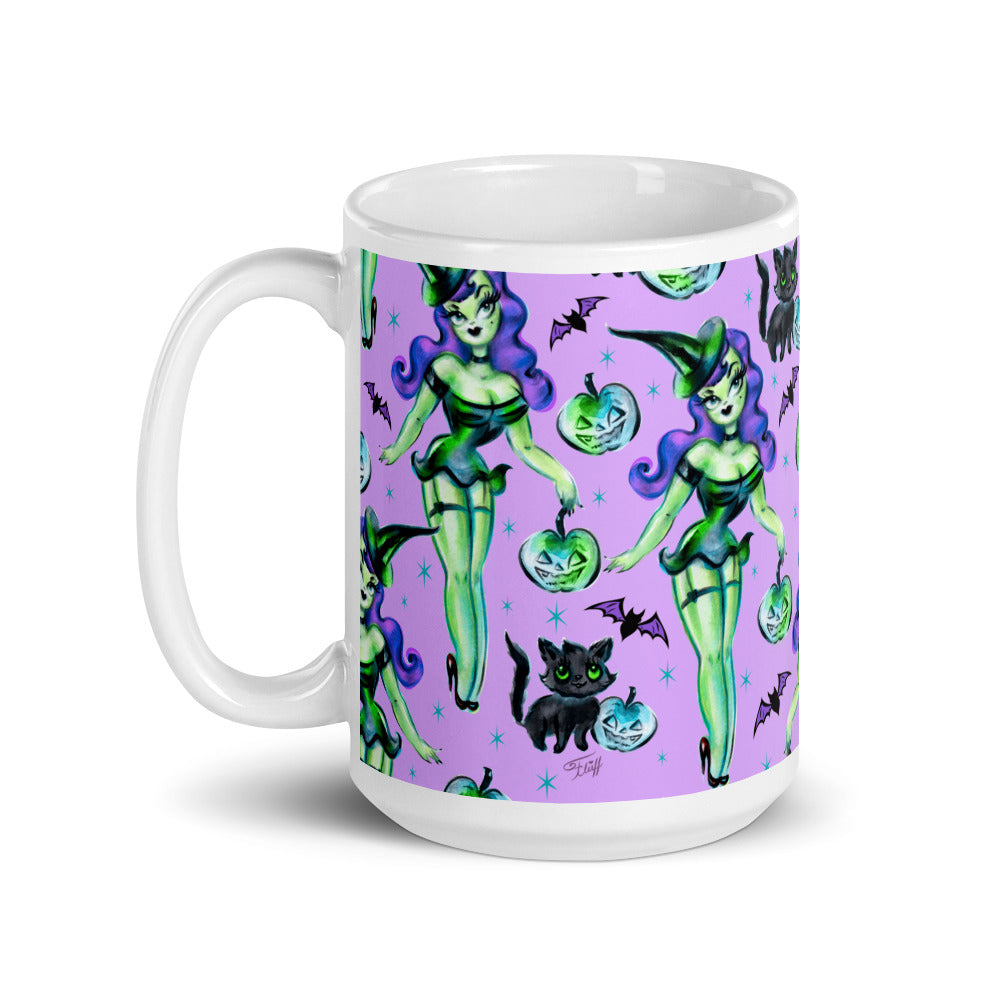 Cute Pinup Witch on Purple • Mug 15 oz