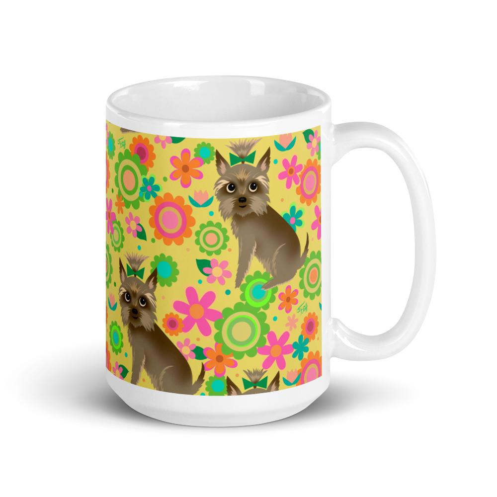 Yorkie with Mod Flowers • Mug 15 oz