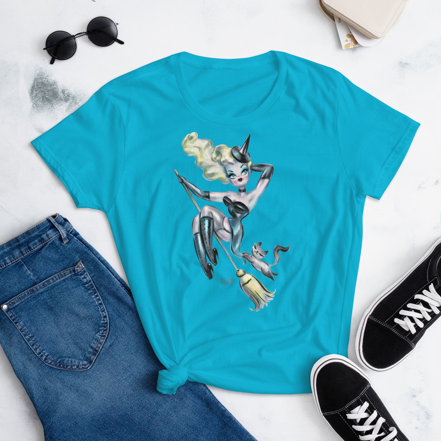 Pinup Witch with Kitty on a Broom • Women's Relaxed Fit T-Shirt