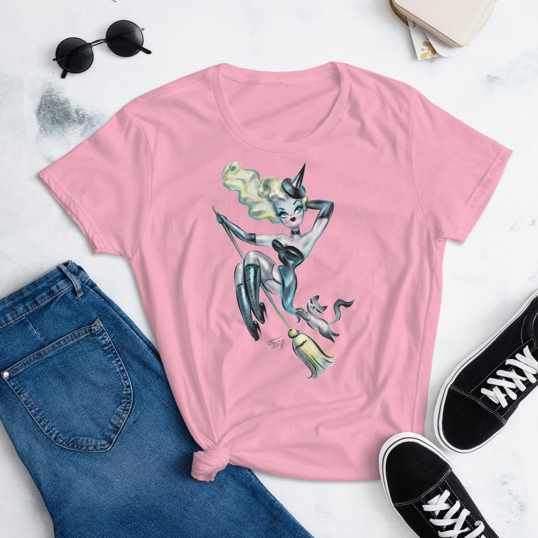 Pinup Witch with Kitty on a Broom • Women's Relaxed Fit T-Shirt