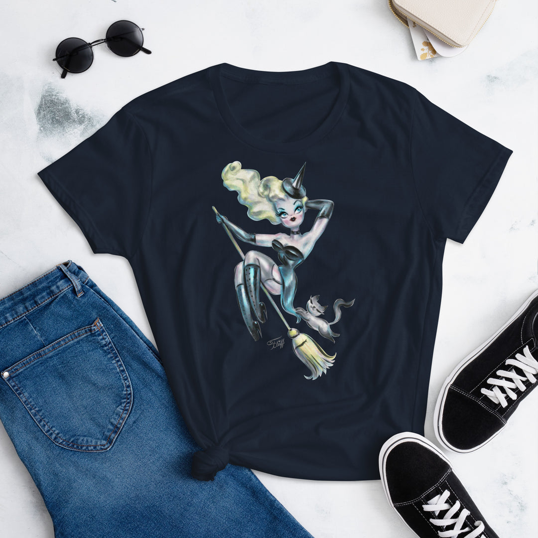 Pinup Witch with Kitty on a Broom • Women's Relaxed Fit T-Shirt