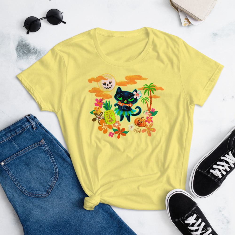 Hulaween Kitty with Tiki Pineapple • Women's T-Shirt