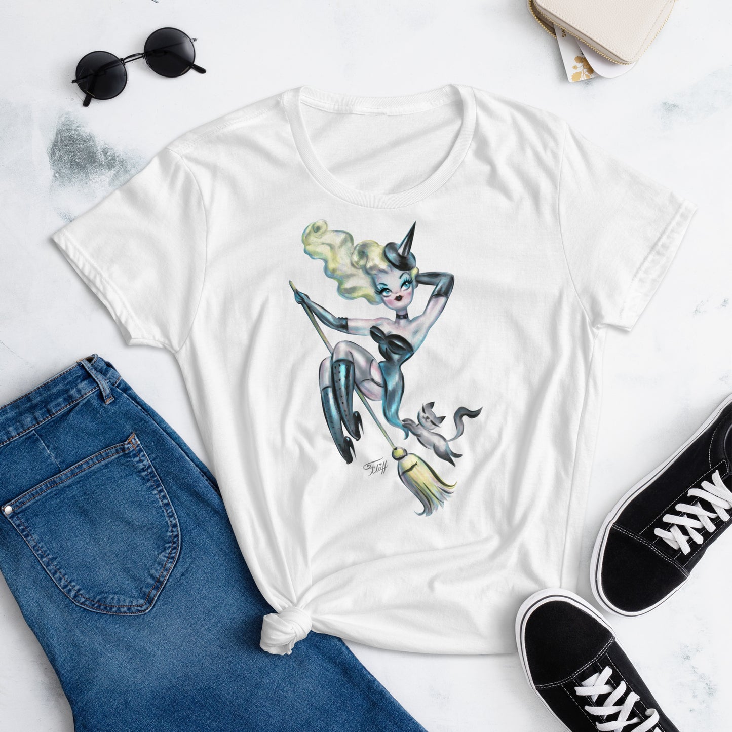 Pinup Witch with Kitty on a Broom • Women's Relaxed Fit T-Shirt